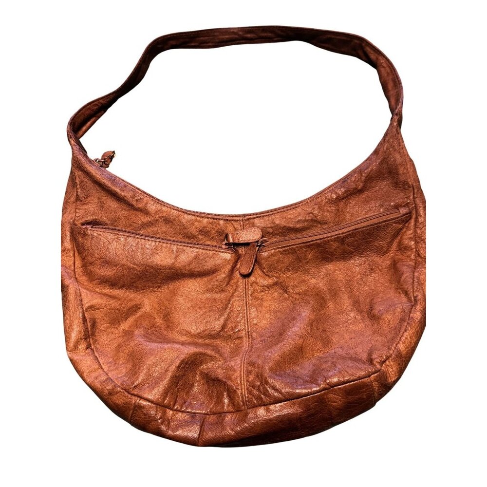 Brown Leather Shoulder Bag With Zipper Details & Brass Accent